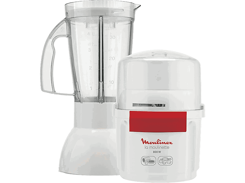 Moulinex La Moulinette AR6801, Picadora y batidora, 800 W, 0.75 L, Cuchillas extraíbles acero inoxidable, Blanco