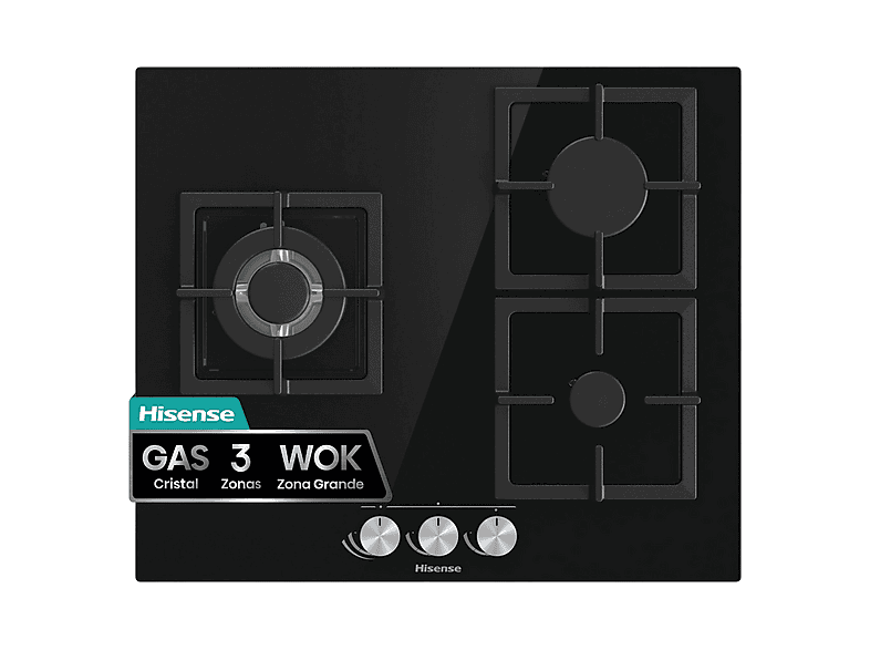 Hisense GG633B, 3 zonas, 58 cm, Gas Natural, Encendido fácil, Fogón Wok, Cristal Negro