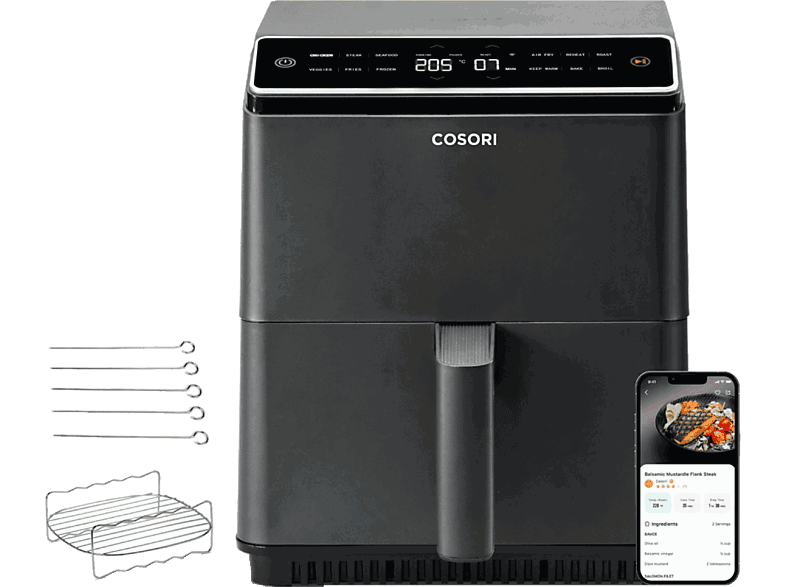 Cosori Dual Blaze Chef Edition, Doble resistencia, 1700 W, 6.4 L, 12 Funciones, Sistema 360 ThermoIQ, Negro
