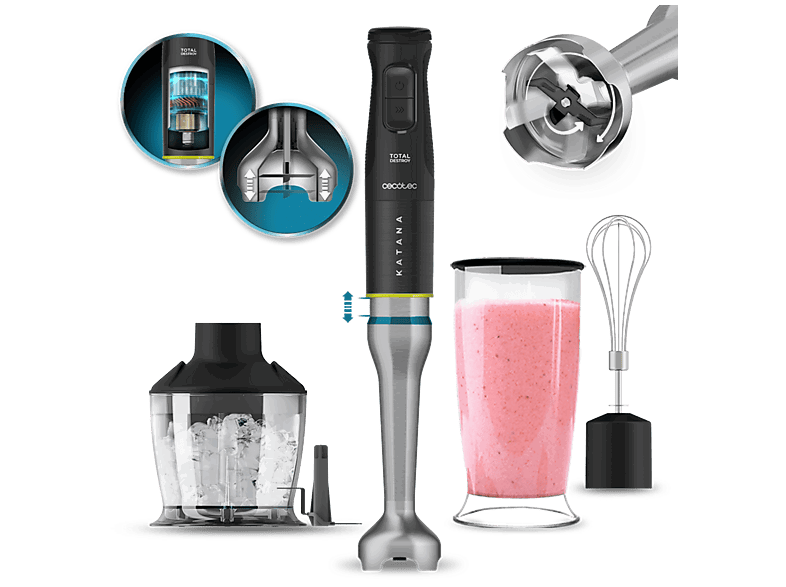 Cecotec Katana 15 TotalDestroy Chop B, 1500 W, 21 velocidades, Cuchillas titanio negro, Vaso 800 ml con tapa, Chopper, Negro