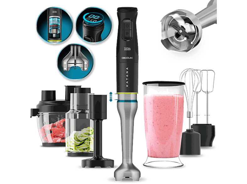Cecotec Katana 15 TotalDestroy Full B Screen, 1500 W, 8 cuchillas, 21 velocidades, Turbo, Set completo, Brazo XL, Pantalla, Black