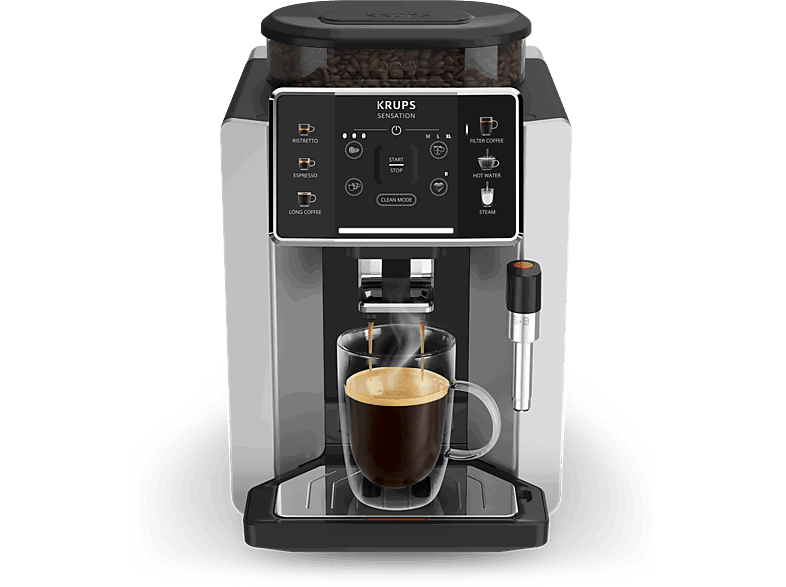 Krups Sensation C90 EA910E10, 1450 W, 15 bar, 1.7 L, 6 programas, 2 tazas, Barista Inside Technology, Autolimpieza, Plata