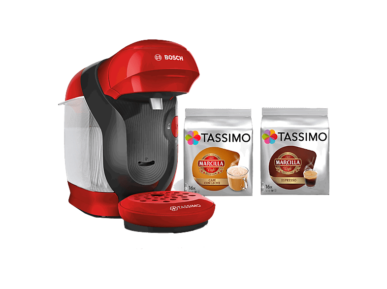 Bosch Tassimo Style TAS113EC, 3.3 bar, 0.7 l, 1.400 W, Intellibrew, Regalo 2 Packs Café Marcilla, Sostenible, Rojo