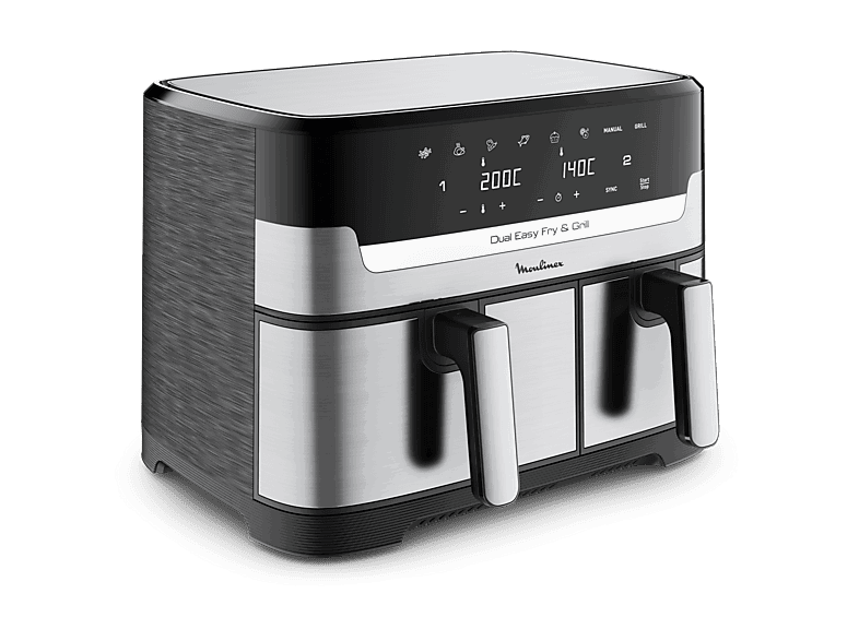 Moulinex Dual Fry & Grill EZ905D, Cocinado Dual, 2700 W, 8.3 L, 2 Cubetas, 200 °C, Tecnología Extra-Crisp, 8 Modos, Táctil, Inox