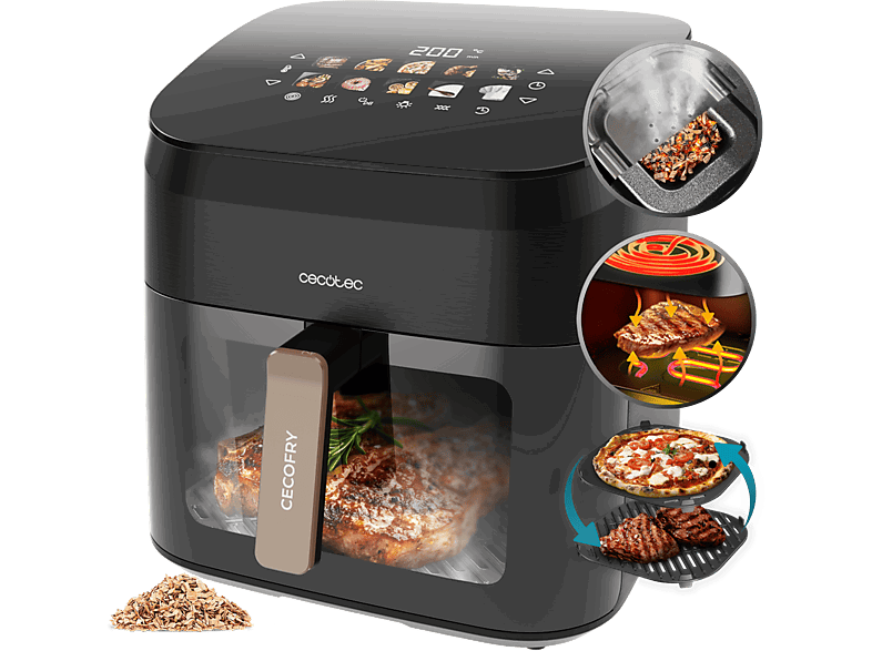 Cecotec Cecofry&Grill Smokin’ 8500, 2200W, 8.5L, 10 menús, Ahumador, 3en1, Pizza Maker, Doble resistencia, Incluye chips madera