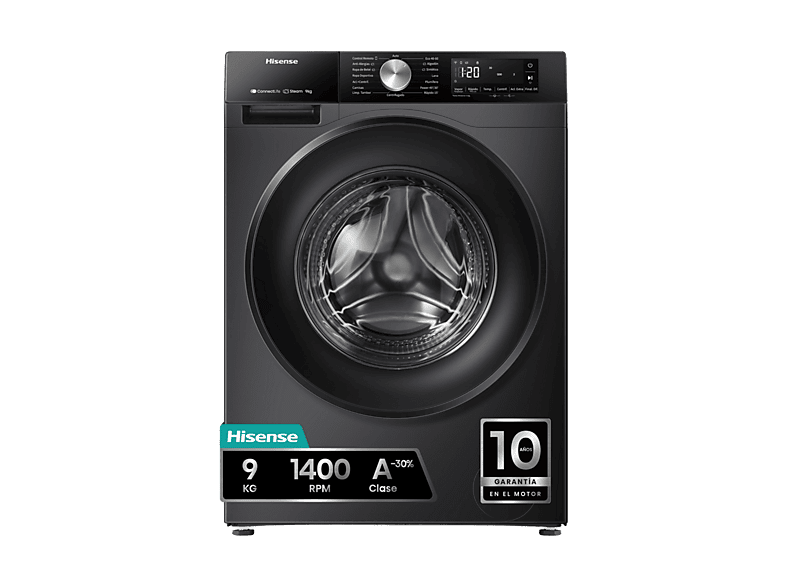 Hisense WF3S9043BB3, 9 Kg, 1400 rpm, 14 programas, WiFi&Bluetooth, Clase A-30% Negro