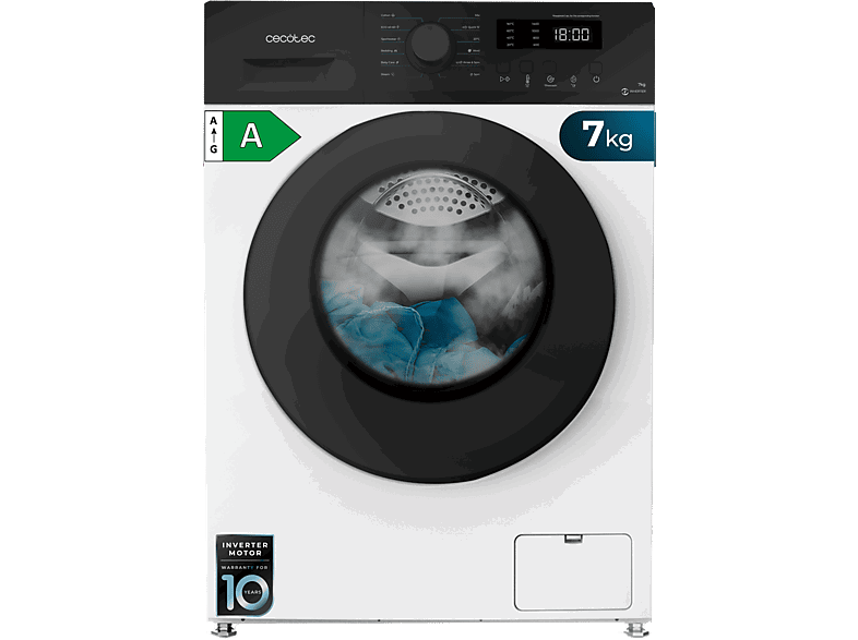 Cecotec Bolero DressCode 7150 Inverter A, Capacidad 7 kg, 1400 rpm, 12 programas, Plus, SteamMax, White