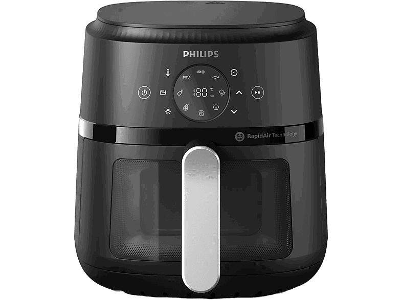 Freidora de aire – Philips Airfryer NA221/00, Con ventana, 4.2 L, 1500W, Tecnología Exclusiva RApidAir, Negro, Plata