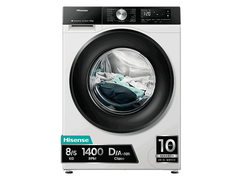 Hisense WD3S8043BW3, 8 kg/5 kg, 1400 rpm, 16 programas. Clase A-30%, WiFi, Blanco
