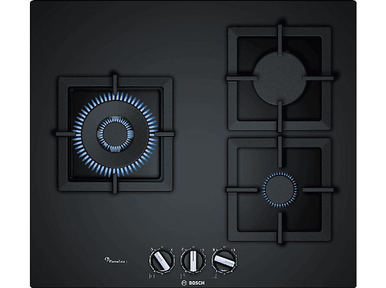Bosch PPC6A6B20, 3 zonas, Gas natural, Flame Select 9 niveles de potencia, Mandos ergonómicos, Negro