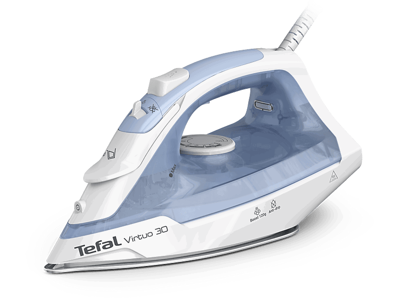 Tefal Virtuo 30 FV2C41, 2000 W, 120 g/min, 0.24 l, Vapor vertical, Antigoteo, Antical, Blanco / Azul
