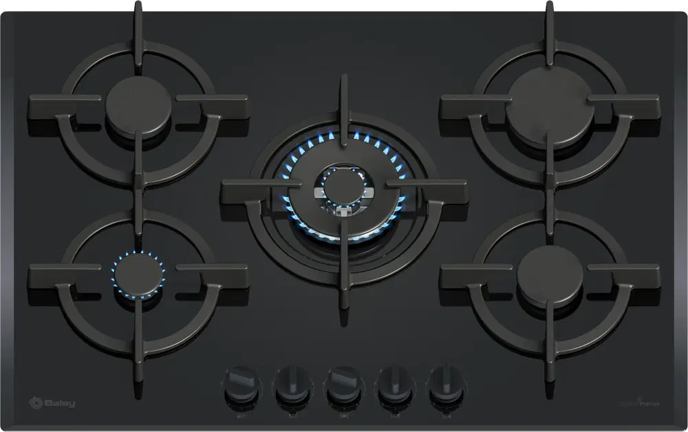 Balay 3ETG676RB, 5 zonas, 28 cm zona grande, Gas butano, 75.2 cm, Negro