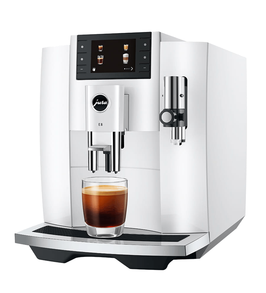 Jura E8, 15 bar, 1450W, 2 tazas, 17 programas, Pantalla a color, Molinillo integrado, Blanco