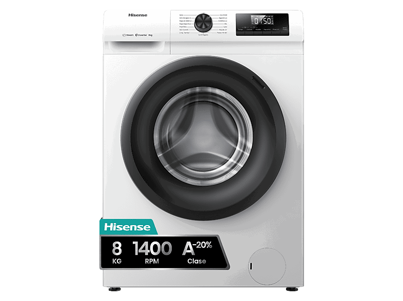 Hisense WF1Q8041BW, 8 kg, 1400 Rpm, Función Vapor, Eficiencia A-20%, Blanco