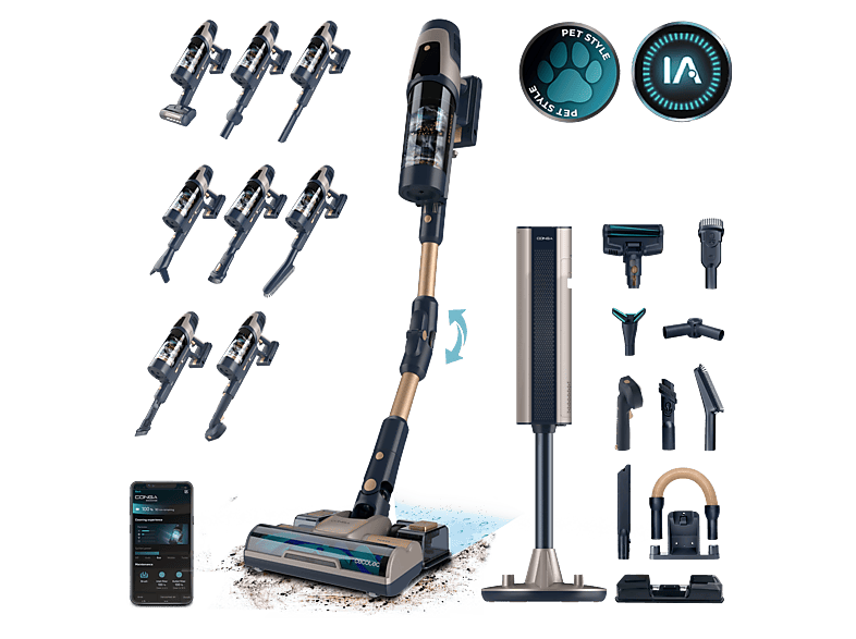 Cecotec RZ90 AI AquaPet Flex Connected, Base de autovaciado, 850 W, Tubo flexible, App, Accesorio WaterTank fregado, Gris