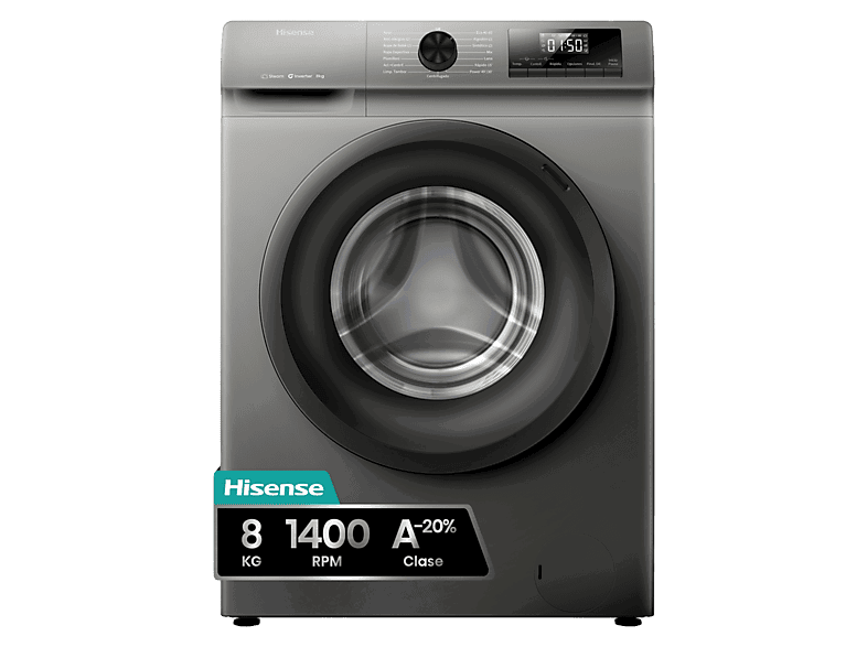 Hisense WF1Q8041BT, 8 kg, 1400 Rpm, Función Vapor, Eficiencia A-20%, Gris