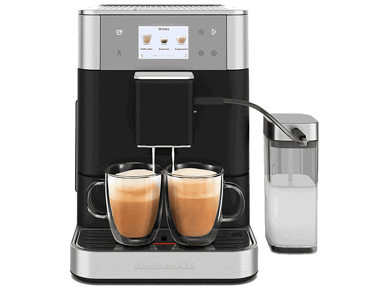 KitchenAid 5KES8557EBK, 15 bar, 1450W, Depósito 2.2L, 2 Tazas, Espumador de Leche Automático, Plata/Negro