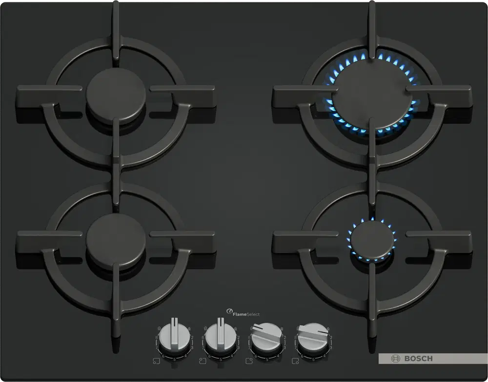 Bosch PPP6A6I10, 4 zonas, 26 cm Zona grande, Gas natural, 59 cm, Negro