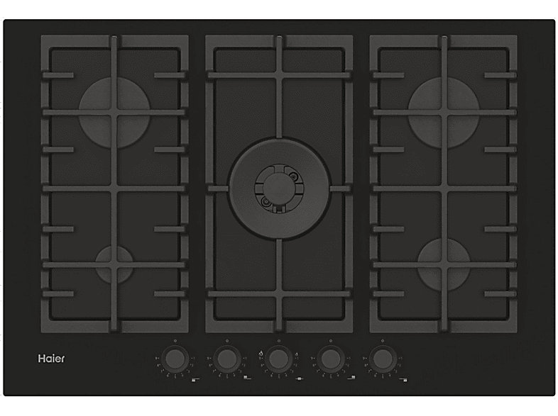 Haier Series 4 HAVG75S2B, 5 quemadores, Gas natural, Zona grande 13.8 cm, Rejillas de hierro fundido, PreciFlame, 75 Negro