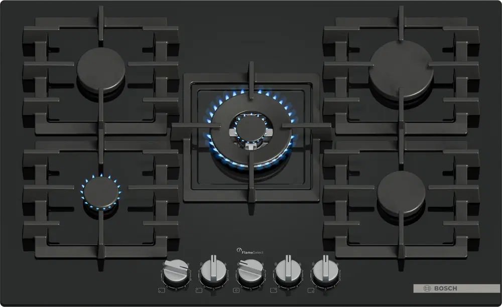 Bosch PPQ7A6I40, 5 zonas, 28 cm Zona grande, Gas natural, 75.2 cm, Negro