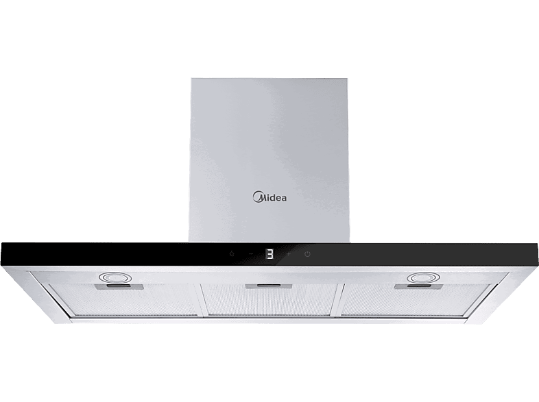 Midea MH90B4300B-ES, 4 Niveles de ventilador, 800 m³/h, 90 cm Ancho, T invertida, Iluminación LED, Acero y frontal cristal negro