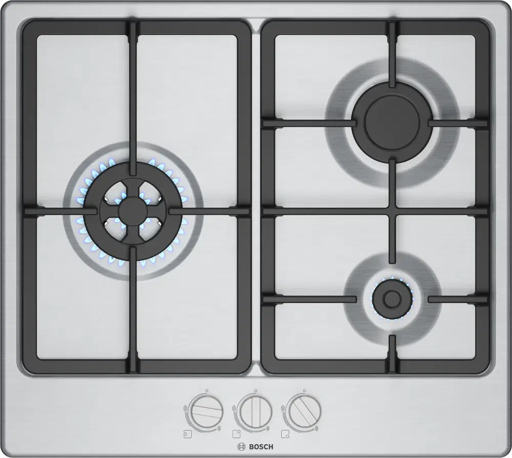 Bosch PGC6B5K90, 3 zonas, 28 cm zona grande, Gas natural, 58.2 cm, Acero inoxidable