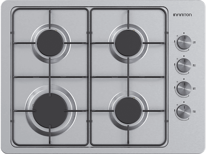 Infiniton GAS43BXAL, 4 Fuegos, Gas Butano, 58 cm Zona Grande, Fondo especial 43.5 cm, Plata