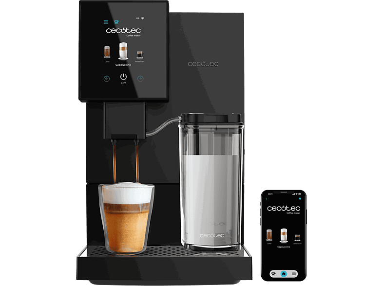 Cecotec Cremmaet Compactccino Connected, 19 bar, Pantalla TFT, WiFi, Depósito de agua 1.1L, 1350W, Thermoblock, Negro