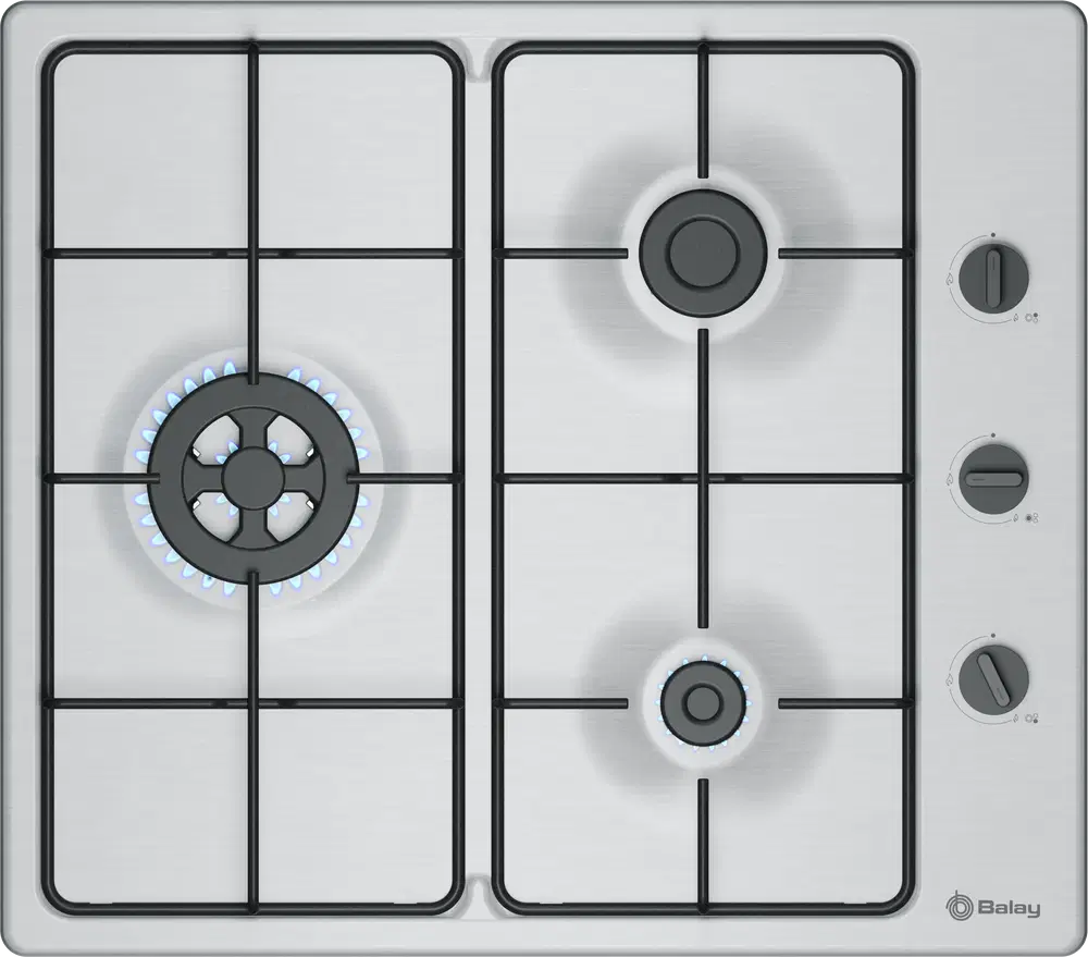 Balay 3ETX463BB, 3 Zonas, 28 cm Zona grande, Gas butano, 58 cm, Acero Inoxidable