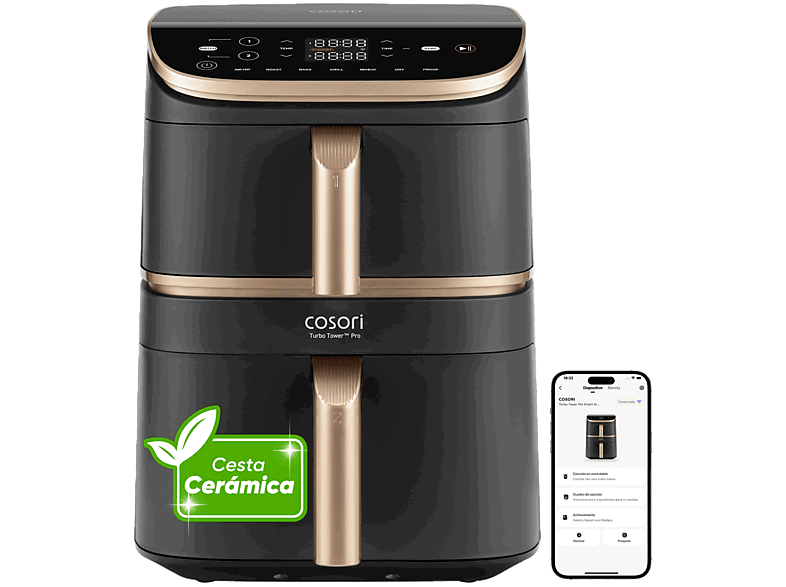 Cosori Turbo Tower Pro Smart™ Chef Edition, 2630 W, 10.8 l, 2 cestas, Revestimiento cerámico, WiFi, Negro