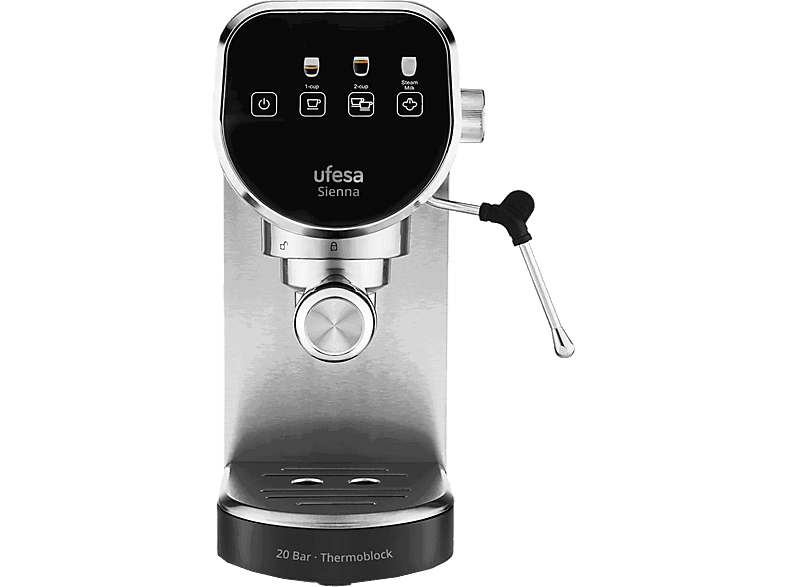 Ufesa Sienna, 20 bar, 1360 W, Capacidad Depósito 0.9 l, 2 Tazas, Vaporizador orientable, Inox