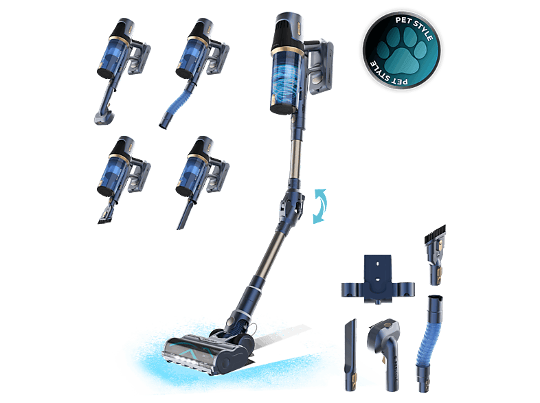 Cecotec Conga Rockstar RS70 Pet Flex, 500 W, 65 min Autonomía, Sin Bolsa, Cepillo para Animales, Negro/Dorado