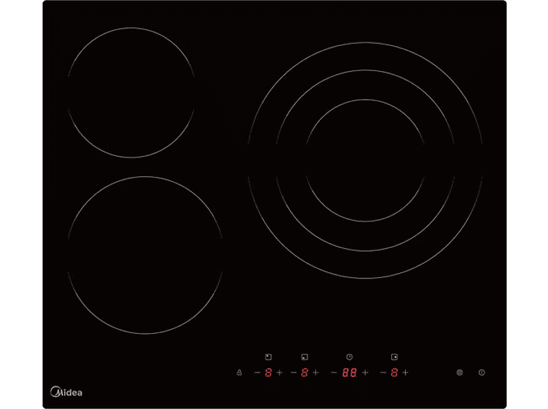 Midea MCH522T219K0, 3 Zonas, 30 cm Zona Grande, 59 Ancho, 9 Niveles de Potencia, Negro