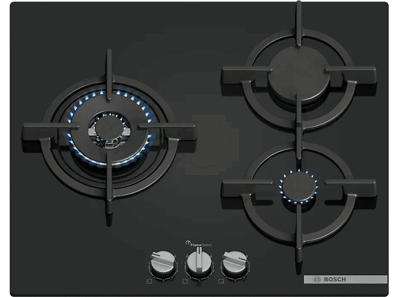 Bosch PPC6A6I10, 3 zonas, Ancho 59 cm, Gas natural, Vidrio templado, Negro