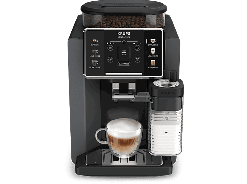 Krups Sensation Milk EA912B, 15 bar, 1450 W, 1.7 L, 6 modos, 2 tazas, Depósito de leche 0.3 Táctil, Gris
