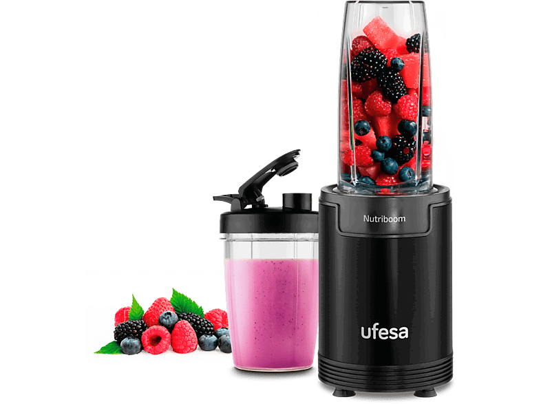 Ufesa BS2500 Nutriboom, 900 W, Vasos 0,8 y 0,5 l, 6 Accesorios, Negro