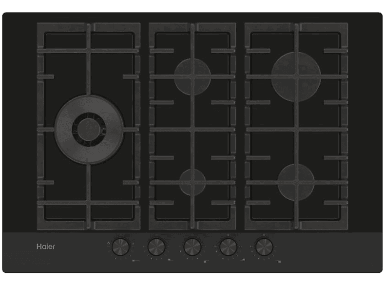 Haier Series 4 HAVG7WL4HB, 5 quemadores, Zona grande 13.8 cm, Rejillas hierro fundido, Bisel, 75 Negro