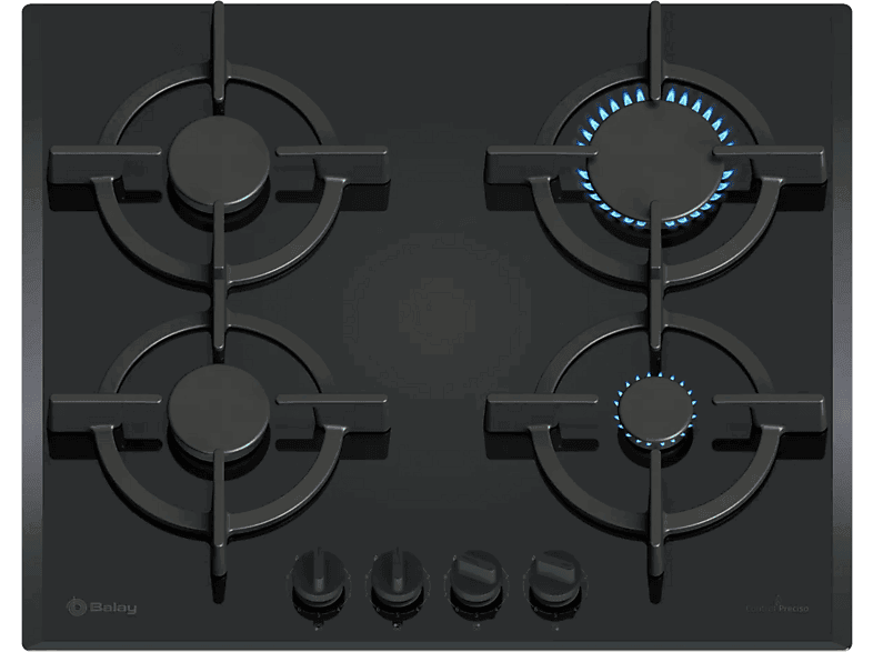Balay 3ETG664RB, 4 Zonas, 30 cm Diámetro Zona Grande, 59 Anchura, Gas Butano, Cristal Templado, Negro