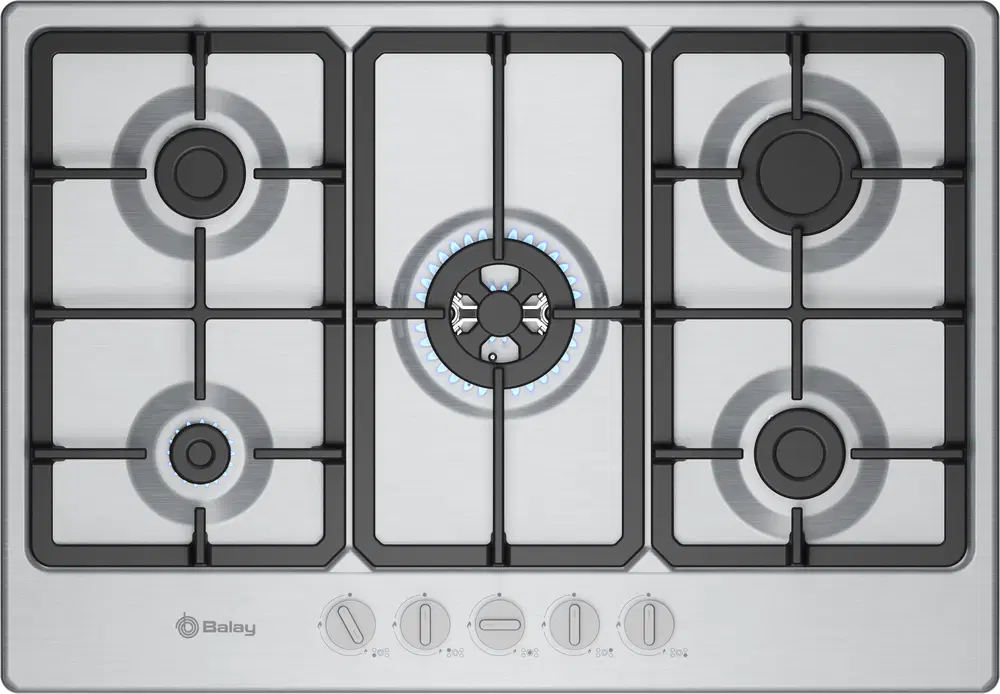 Balay 3ETX576CB, 5 zonas, 28 cm zona grande, Gas butano, 75 cm, Acero inoxidable