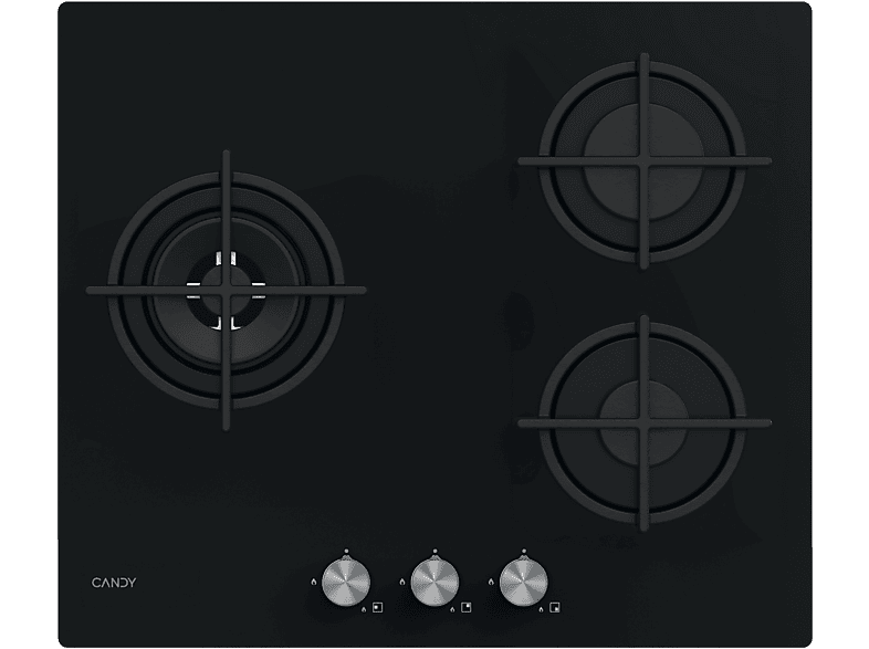 Candy Moderna CSG63B4PB, 3 quemadores, Gas natural, Zona grande 32 cm, Válvula de seguridad Preciflame, 60 Negro