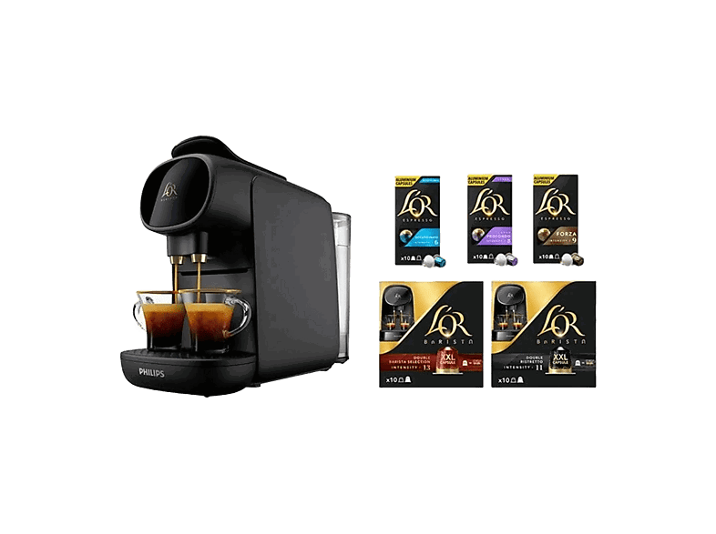 L’OR Barista Sublime LM9012/65 + 50 cápsulas, Sistema antigoteo, 2 tazas, Presión 19 bar, 0.8 l, 1450 W, Piano Noir