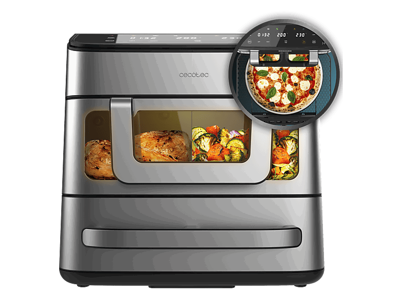 Cecotec Cecofry FoodCourt 18000 4Pizza, 2 en 1, Capacidad 18 L, Piedra para pizza, 2700 W, Horno 230 ºC, 200 Gris