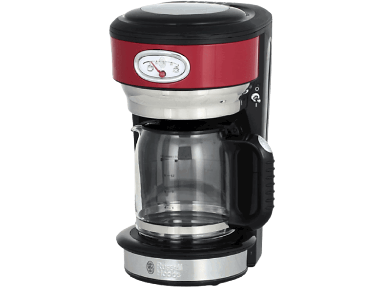 Russell Hobbs Retro Ribbon Red Glas, 1000 W, 1.25 l, 10 Tazas, Jarra cristal, Rojo