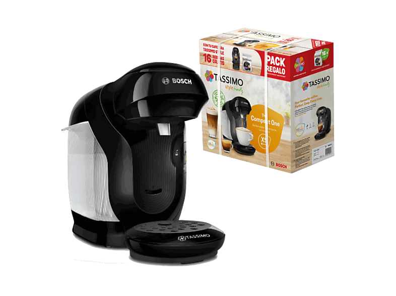 Bosch Tassimo Style TAS112EC, 3.3 bar, 0.7 l, 1.400 W, Intellibrew, Tamaño Compacto, Pack Café Regalo, Negro