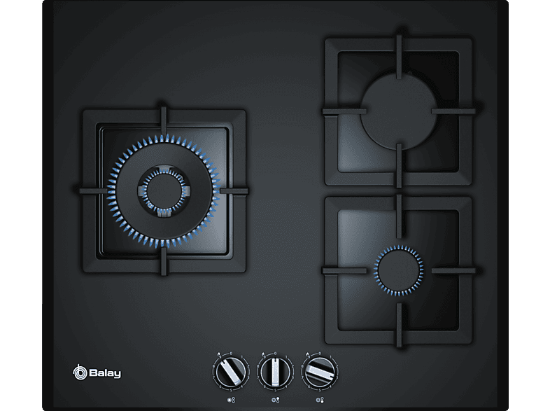 Balay 3ETG663HN NAT, 3 zonas, Gas natural, Vidrio templado, Negro