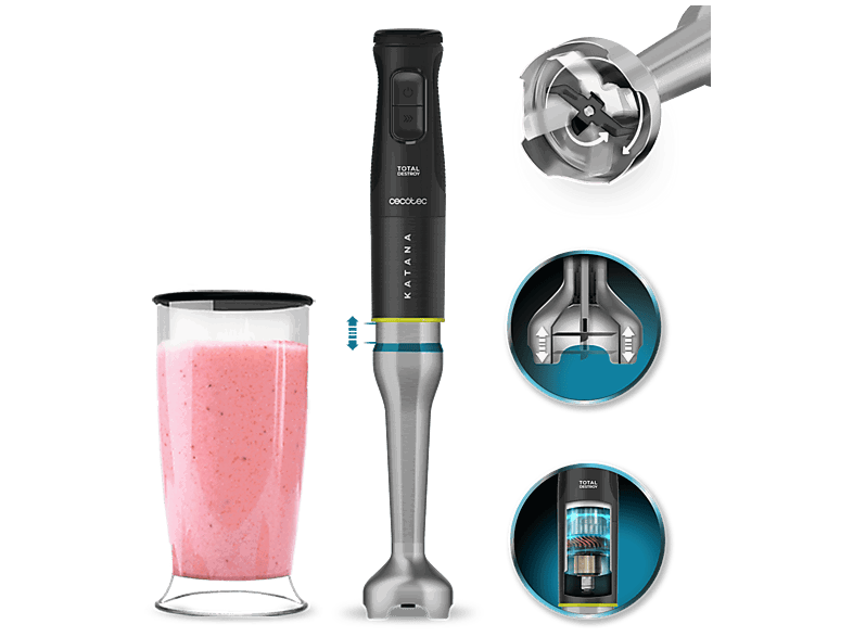 Cecotec Katana 15 TotalDestroy Jar B, Tecnología PerreoMove, 4 cuchillas titanio, Antisalpicaduras, Vaso, Gris