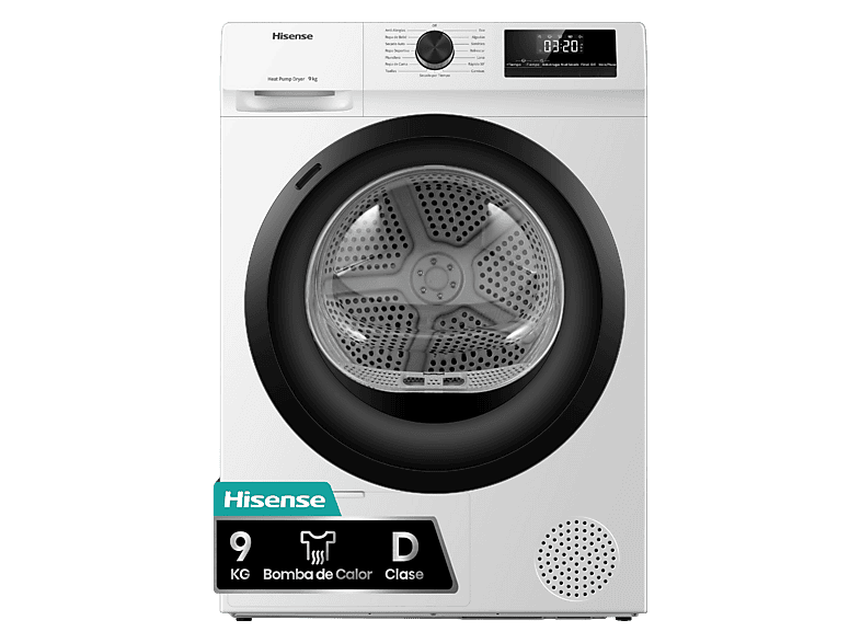 Hisense DHQE900UWDC, 9 kg, 16 programas, Anti arrugas, Secado automático, Blanco