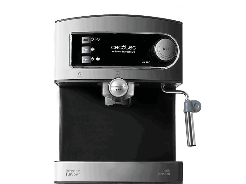 Cecotec Power Espresso 20, 850W, Presión 20 bares, Depósito 1.5L, Brazo doble salida, Vaporizador, Inox